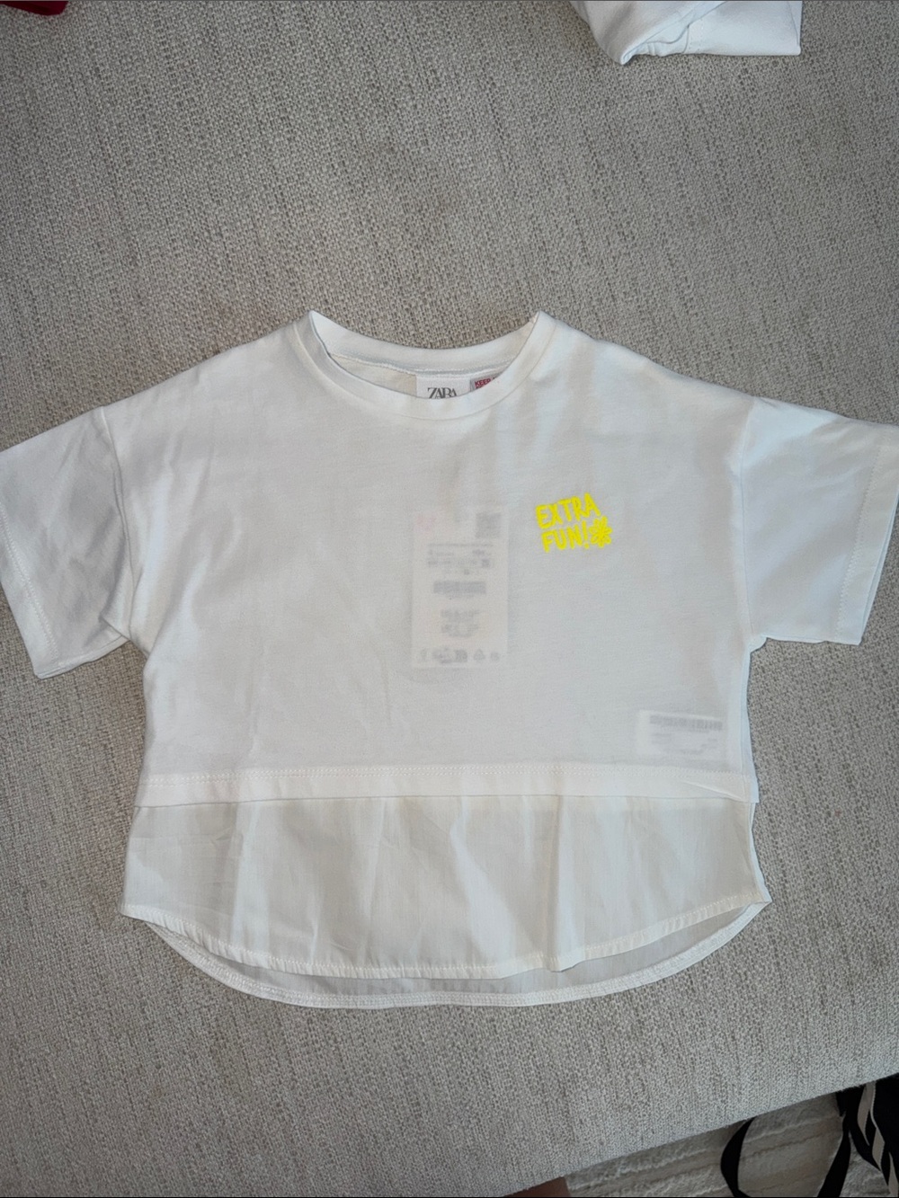Zara Kids White Short Sleeve Top with Neon Yellow 'Extra Fun' Print NWT
